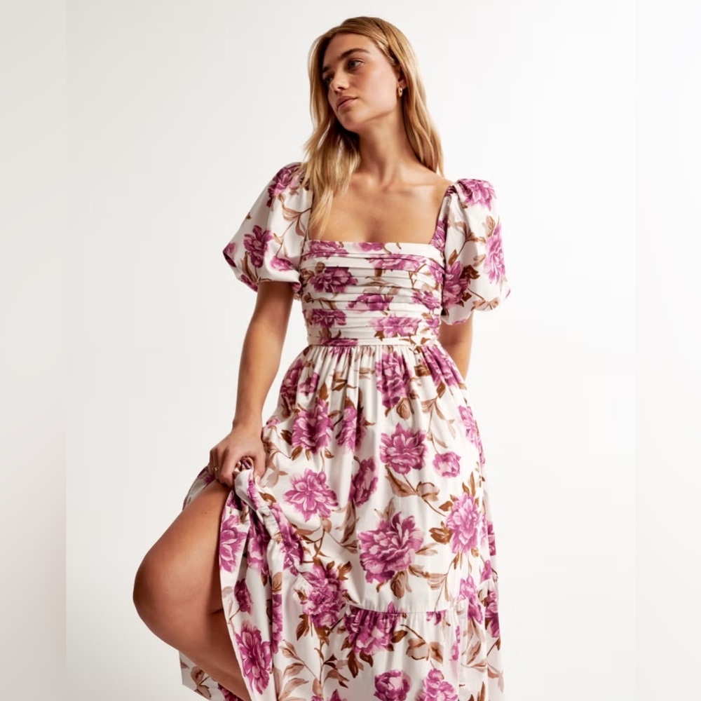 Abercrombie & Fitch Women’s Emerson Poplin Puff Sleeve Midi Dress in pink/purple